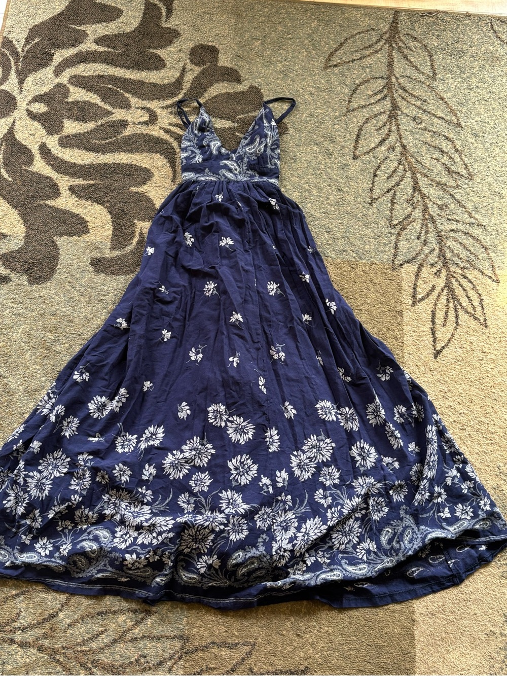 Navy Blue Floral V-Neck Maxi Dress